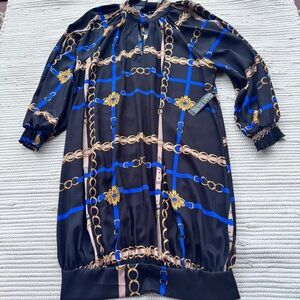 New York & Company Black and Blue Buttoned Long Sleeve LONG BLOUSE 37”mini dress